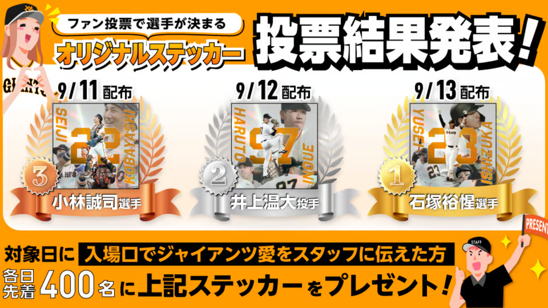 9月11～13日ファーム戦　先着配布ステッカーのデザイン対象選手決定